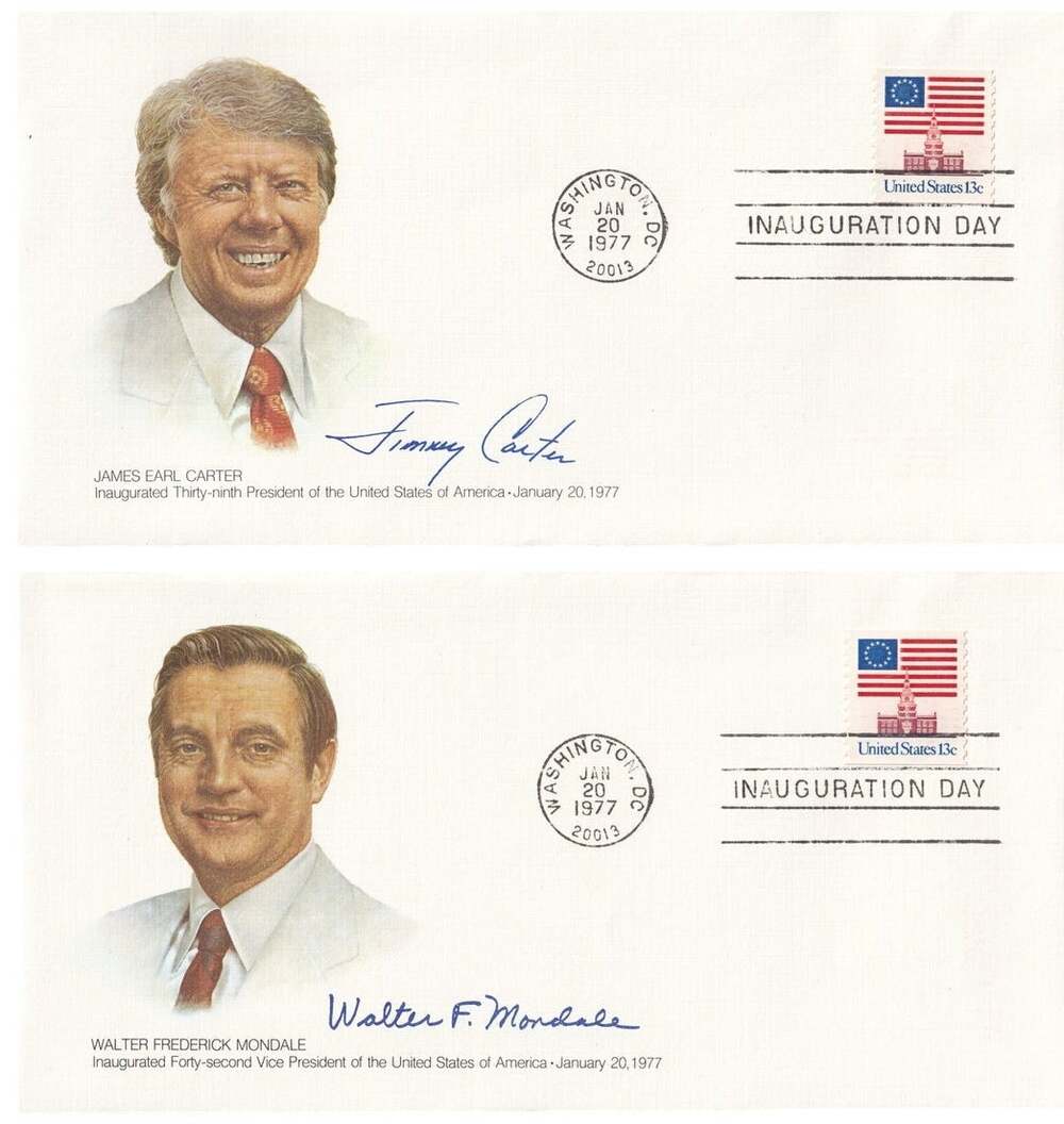 Jimmy Carter Walter Mondale 1977 Inauguration Day Cover Pair 13c Flag Stamp